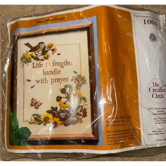 The Creative Circle Other - Vintage 1983 Creative Circle Life is Fragile Handle with Prayer Crewel Kit 1004